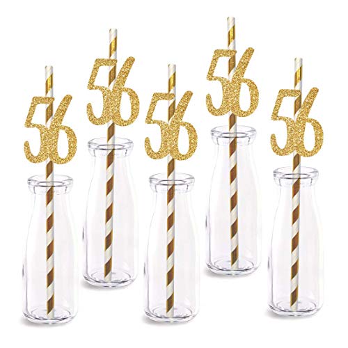 56th Birthday Paper Straw Decor, 24-Pack Real Gold Glitter Cut-Out Numbers Happy 56 Years Party Decorative Straws