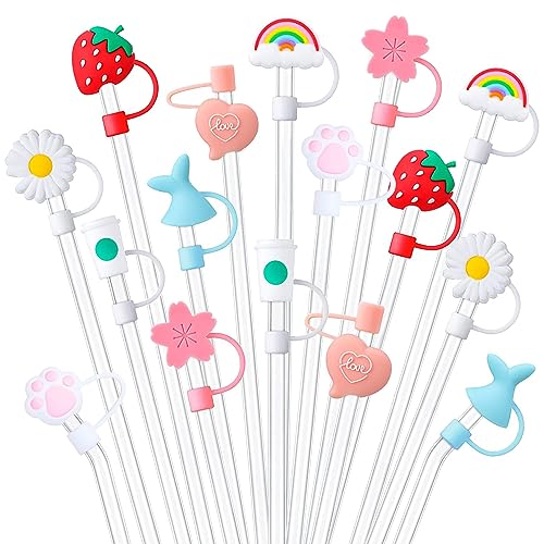 16 Pieces Silicone Straw Tips Cover Reusable Drinking Straw Tips Lids Dust-proof Straw Plugs Portable Straw Caps for 6-8 mm Straws (Cute Style)