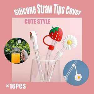 16 Pieces Silicone Straw Tips Cover Reusable Drinking Straw Tips Lids Dust-proof Straw Plugs Portable Straw Caps for 6-8 mm Straws (Cute Style)