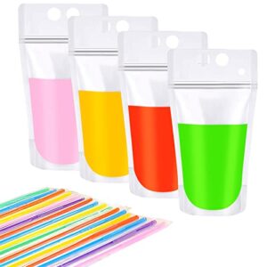 lomimos 50 pcs stand-up plastic drink pouches,reusable heavy duty hand-held translucent reclosable zipper drink bag with 50 straws for smoothie juice adult party