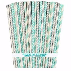 outside the box papers light blue and silver stripe and chevron paper straws 7.75 inches 100 pack light blue, silver, white