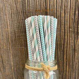 Outside the Box Papers Light Blue and Silver Stripe and Chevron Paper Straws 7.75 Inches 100 Pack Light Blue, Silver, White