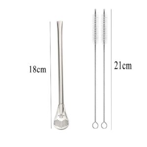 FRUTA Stainless Steel Drinking Straws with Filter Spoon 6 Pcs Reusable Yerba Mate Tea Bombilla Drinking Straws with 2 Pcs Cleaning Brushes Set, 7.1inch/18CM Long