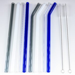 Reusable Glass Straw Set | 8 Multi Color Straws with 2 Cleaning Brushes | 4 Eco Friendly Bent Glass Straws and 4 Straight Glass Tube Straws | Zero Waste Drinking Straws | Dishwasher Safe