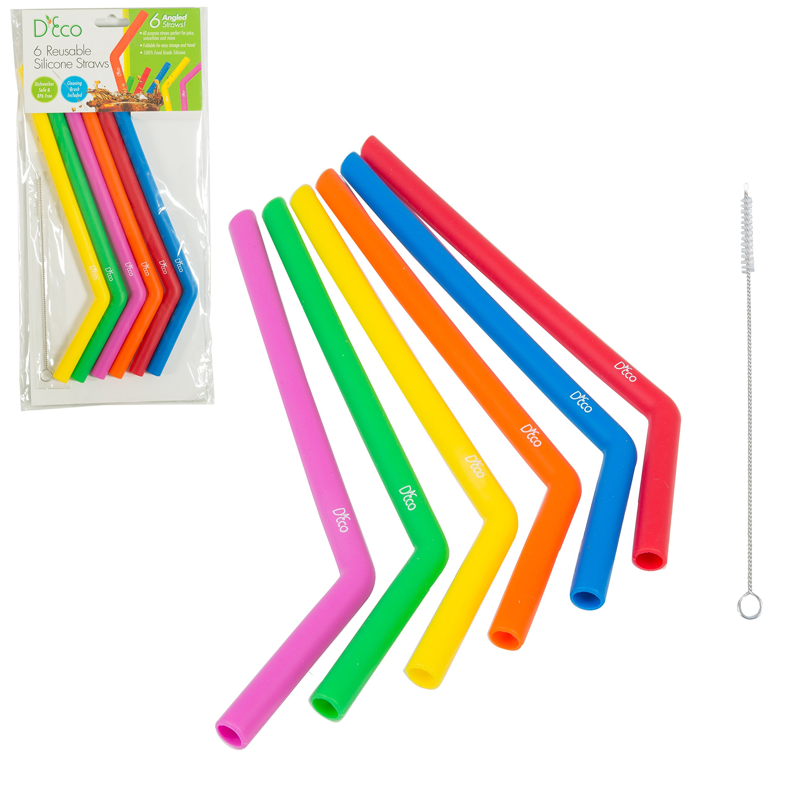 6 Pack Reusable Straws with Cleaning Brush - Sustainable Large Silicone Rainbow Drinking Straws - Use with Any Reusable Tumblers and Cups - BPA Free, Kid-Friendly, Foldable for Travel & Storage