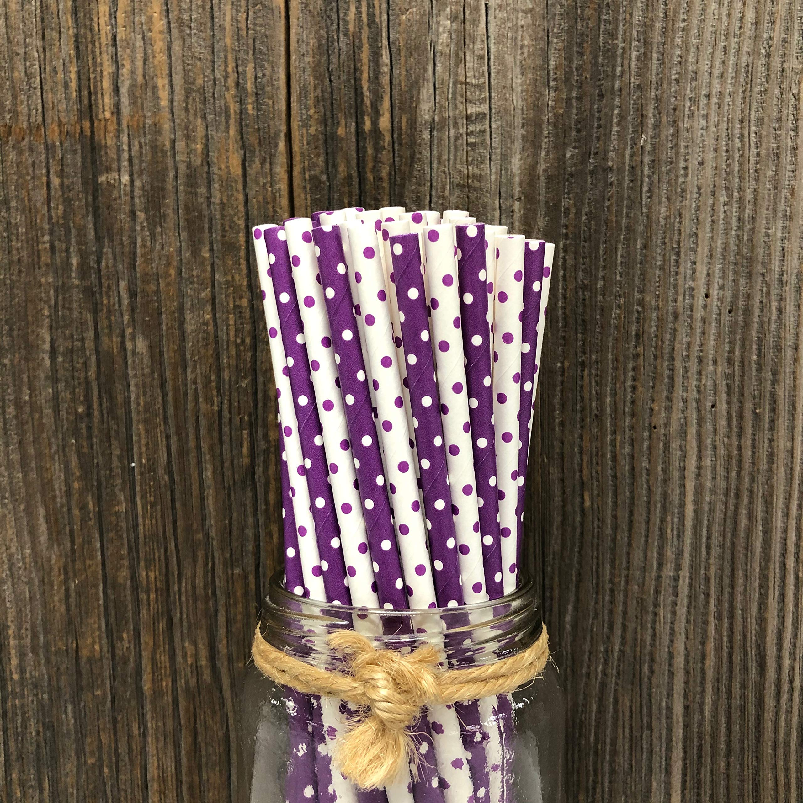 Purple and White Paper Straws - Polka Dot - 7.75 Inches - 50 Pack