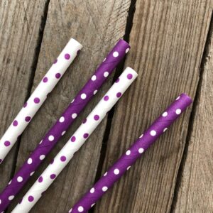 Purple and White Paper Straws - Polka Dot - 7.75 Inches - 50 Pack