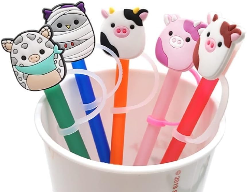 21 Pcs Silicone Straw Topper Party Straw Tips Birthday Party Straw Cap Cover Cartoon Anime Straw Cover Rubber Tips for Straws Cow Reusable Drinking Straw Tips Lids for Kids Party Supplies Party Favor