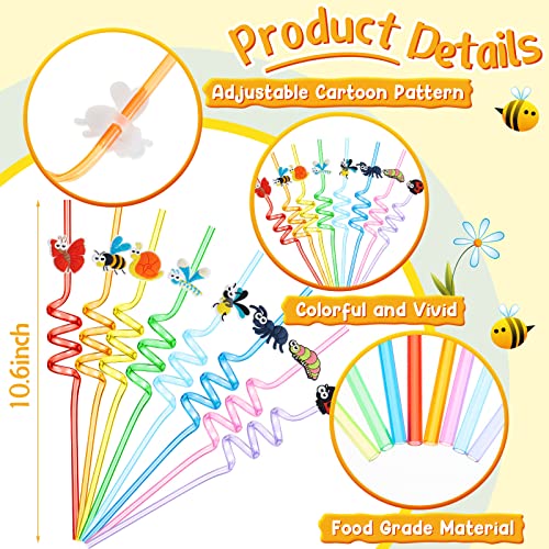 24 Pieces Bug Party Favors Reusable Plastic Straws Insect Drinking Straws Bugs Party Decorations for Insect Themed Birthday Party Supplies Decorations, 8 Assorted Style