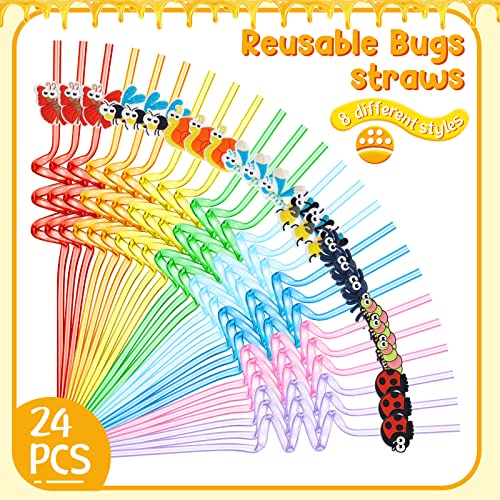 24 Pieces Bug Party Favors Reusable Plastic Straws Insect Drinking Straws Bugs Party Decorations for Insect Themed Birthday Party Supplies Decorations, 8 Assorted Style