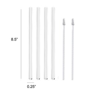 G Reusable Glass Straws Clear - 8.5 inches x 8 mm Straight Drinking Straws Healthy Eco-Friendly BPA Free 4 Pack with 2 Cleaning Stainless Steel Brushes