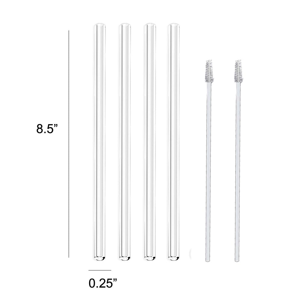 G Reusable Glass Straws Clear - 8.5 inches x 8 mm Straight Drinking Straws Healthy Eco-Friendly BPA Free 4 Pack with 2 Cleaning Stainless Steel Brushes