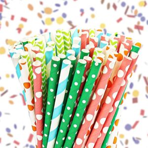 100PCS Rainbow Paper Straws Blue Strips Orange Dot Blue Strips Colorful Disposable Party Straws One-off Drinking Straws for Juices Beverages Shakes Eco-friendly Straw Easter Drink Party Favor Supplies