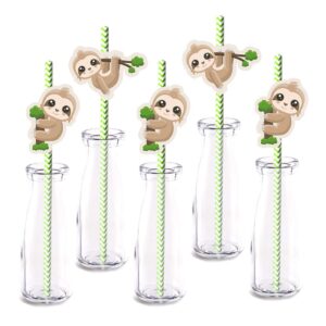 sloth party straw decor, 24-pack sloth baby shower kids birthday party decorations, paper decorative straws