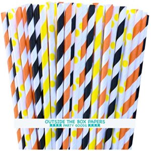 outside the box papers construction theme striped and polka dot paper straws 7.75 inches 100 pack black, yellow, orange, white