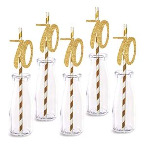 70th birthday paper straw decor, 24-pack real gold glitter cut-out numbers happy 70 years party decorative straws
