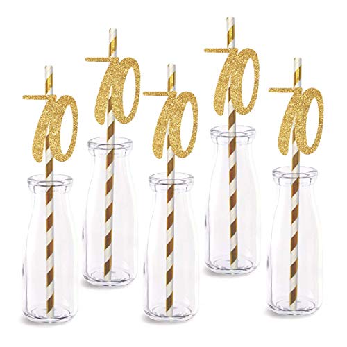 70th Birthday Paper Straw Decor, 24-Pack Real Gold Glitter Cut-Out Numbers Happy 70 Years Party Decorative Straws