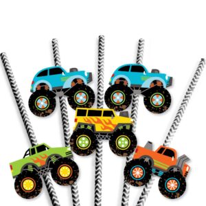 Big Dot of Happiness Smash and Crash - Monster Truck - Paper Straw Decor - Boy Birthday Party Striped Decorative Straws - Set of 24