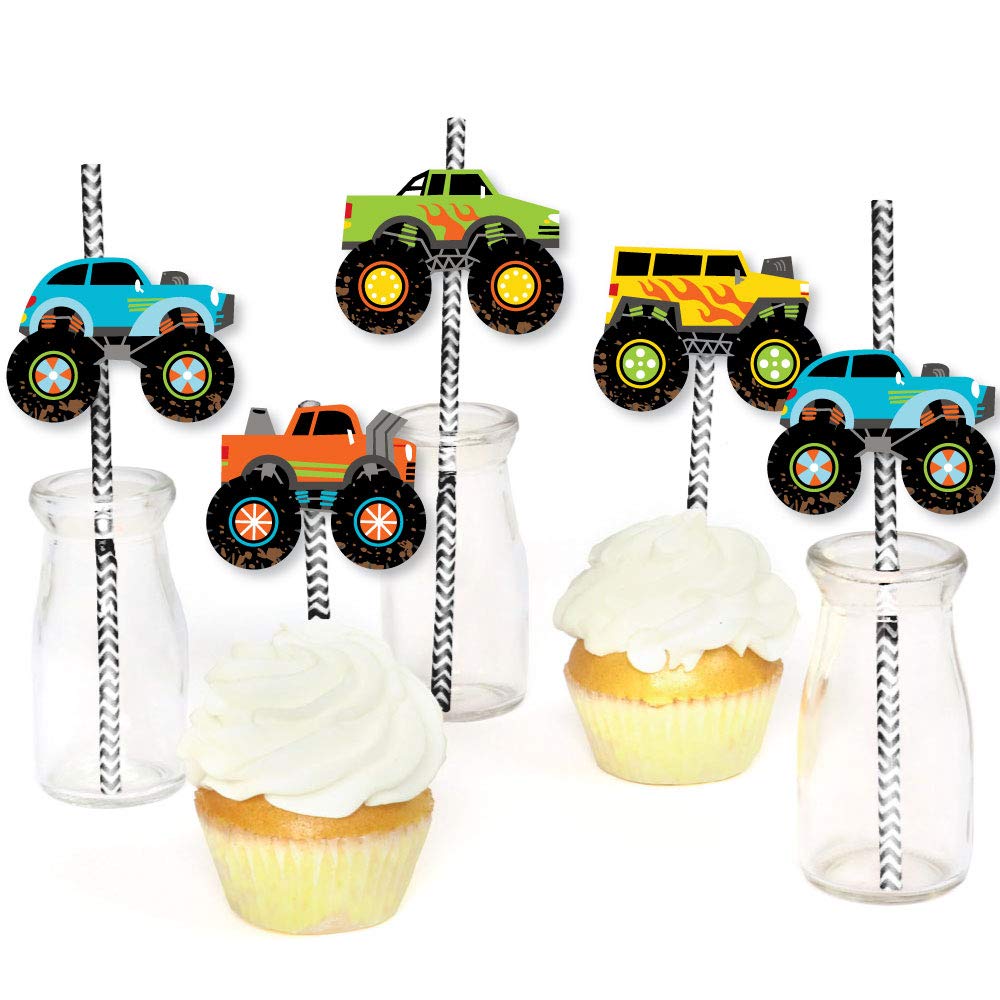 Big Dot of Happiness Smash and Crash - Monster Truck - Paper Straw Decor - Boy Birthday Party Striped Decorative Straws - Set of 24