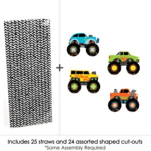 Big Dot of Happiness Smash and Crash - Monster Truck - Paper Straw Decor - Boy Birthday Party Striped Decorative Straws - Set of 24