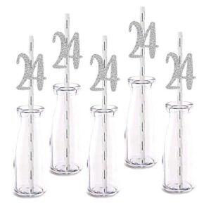silver happy 24th birthday straw decor, silver glitter 24pcs cut-out number 24 party drinking decorative straws, supplies