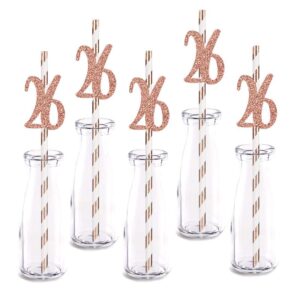 rose happy 26th birthday straw decor, rose gold glitter 24pcs cut-out number 26 party drinking decorative straws, supplies