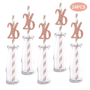 Rose Happy 26th Birthday Straw Decor, Rose Gold Glitter 24pcs Cut-Out Number 26 Party Drinking Decorative Straws, Supplies