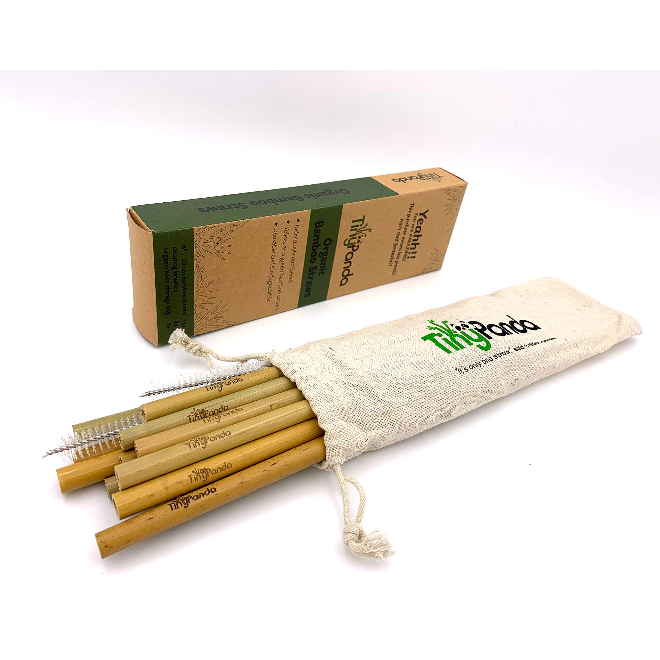 Reusable Bamboo Drinking Straws - Natural Organic Ecofriendly Straws - Set of 15 Straws - Strong and Durable - Including Travel/Storage Pouch - Tiny Panda
