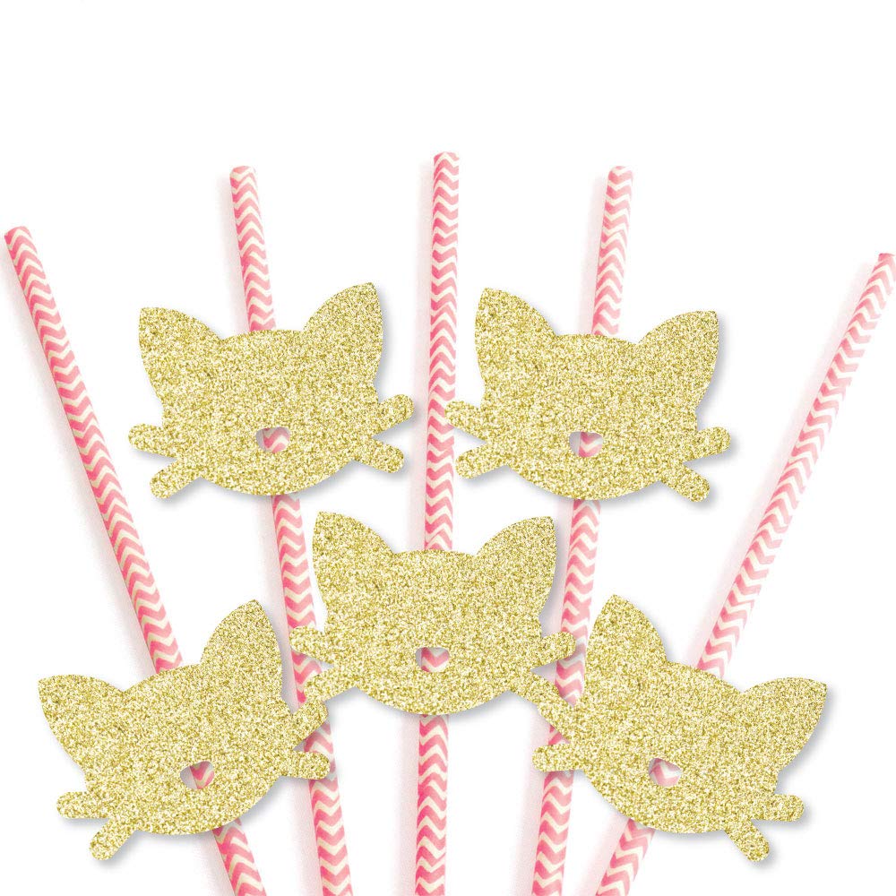 Big Dot of Happiness Gold Glitter Cat Party Straws - No-Mess Real Gold Glitter Cut-Outs and Decorative Purr-FECT Kitty Cat/Kitten Meow Baby Shower or Birthday Party Paper Straws - Set of 24