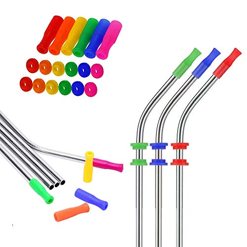 12 Pack Silicone Tips Reusable Straw Tips Multicolored Stainless Steel Straws Cover with 24Pcs Anti-slip Silencers for 1/4’’ (6mm) Wide Stainless Steel Drinking Straws