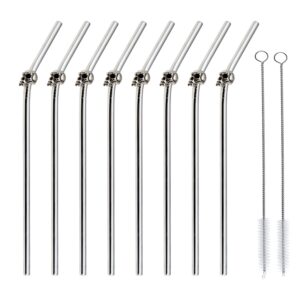 stainless steel straws - 8 pcs skull decor halloween reusable drinking straws + 2 pcs straw squeegee for suitable cup depth 6 inch (silver canine teeth)