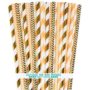 coral peach and gold foil and paper straws - stripe chevron - 7.75 inches - pack of 100