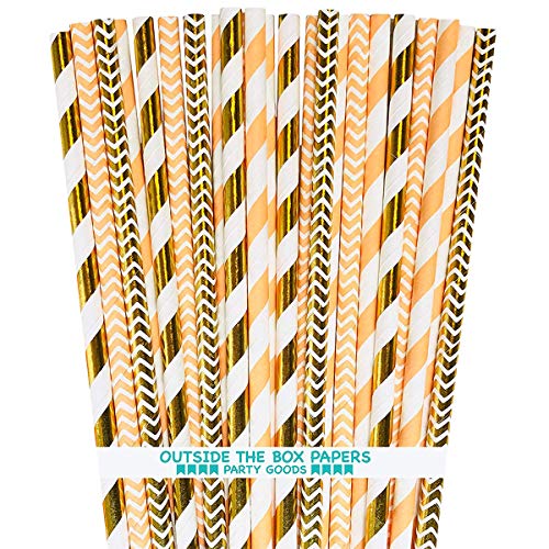 Coral Peach and Gold Foil and Paper Straws - Stripe Chevron - 7.75 Inches - Pack of 100