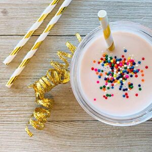 Coral Peach and Gold Foil and Paper Straws - Stripe Chevron - 7.75 Inches - Pack of 100