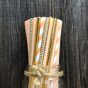 Coral Peach and Gold Foil and Paper Straws - Stripe Chevron - 7.75 Inches - Pack of 100