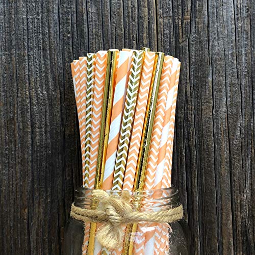 Coral Peach and Gold Foil and Paper Straws - Stripe Chevron - 7.75 Inches - Pack of 100