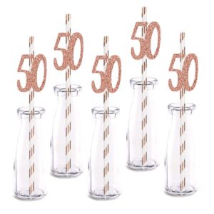 rose happy 50th birthday straw decor, rose gold glitter 24pcs cut-out number 50 party drinking decorative straws, supplies