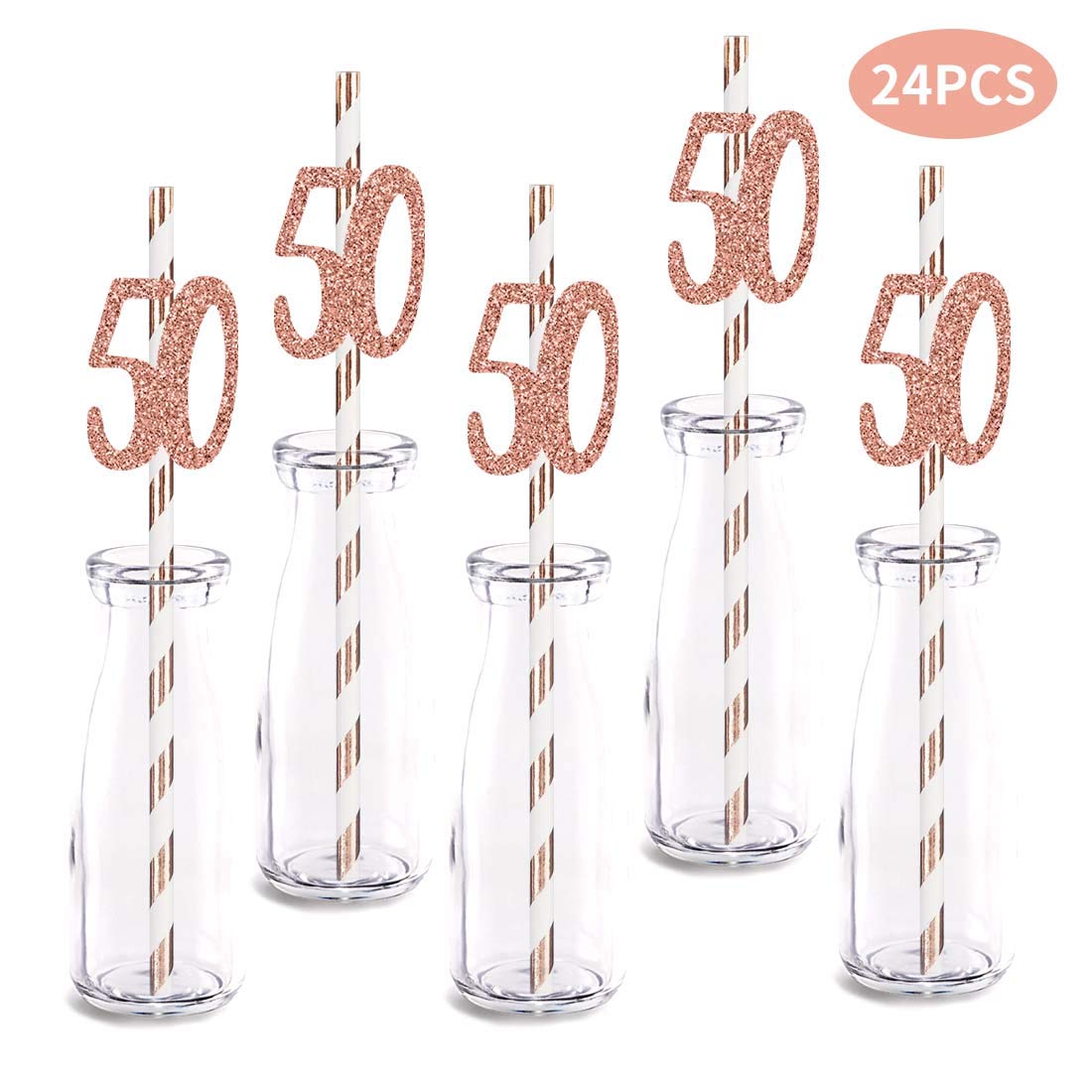 Rose Happy 50th Birthday Straw Decor, Rose Gold Glitter 24pcs Cut-Out Number 50 Party Drinking Decorative Straws, Supplies