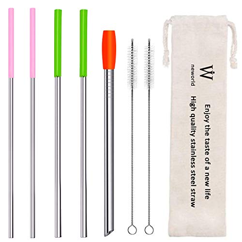 NEBYWOLD Metal Straws Reusable Stainless Steel Straws Bubble Tea Drinking with Silicone Tip and Carrying pack 5 Set - Mix Wide Straw 2 Cleaning Brush and A Portable Bag (Silver)