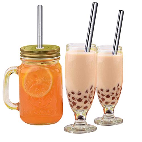 NEBYWOLD Metal Straws Reusable Stainless Steel Straws Bubble Tea Drinking with Silicone Tip and Carrying pack 5 Set - Mix Wide Straw 2 Cleaning Brush and A Portable Bag (Silver)