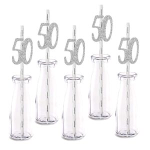 silver happy 50th birthday straw decor, silver glitter 24pcs cut-out number 50 party drinking decorative straws, supplies