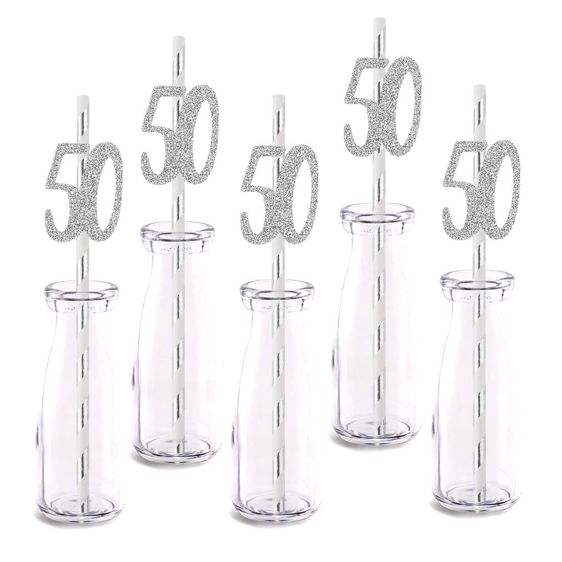 Silver Happy 50th Birthday Straw Decor, Silver Glitter 24pcs Cut-Out Number 50 Party Drinking Decorative Straws, Supplies