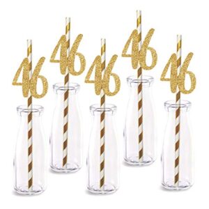 46th birthday paper straw decor, 24-pack real gold glitter cut-out numbers happy 46 years party decorative straws