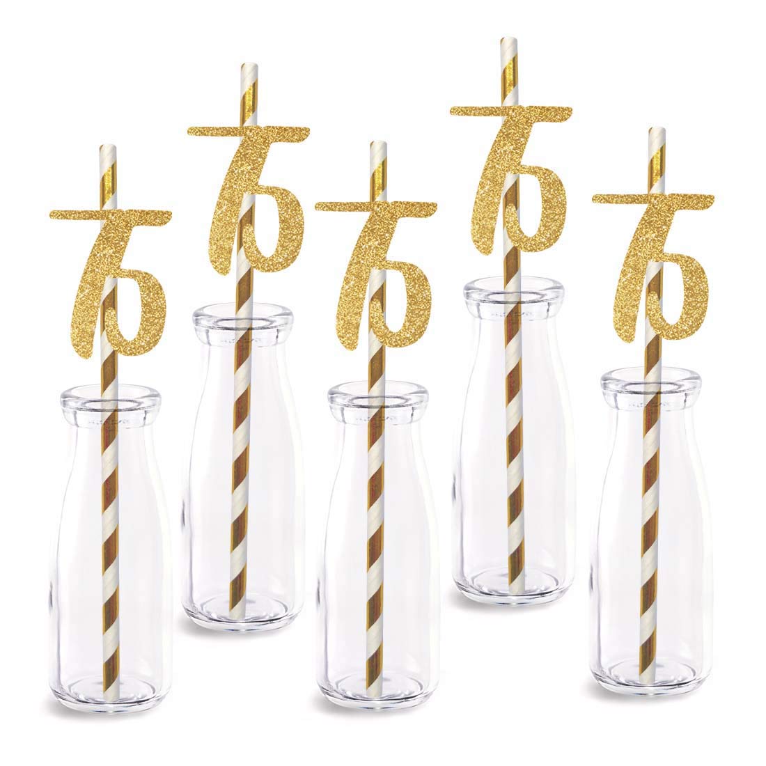 75th Birthday Paper Straw Decor, 24-Pack Real Gold Glitter Cut-Out Numbers Happy 75 Years Party Decorative Straws