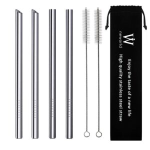 neworld reusable stainless steel wide boba drinking straws fat straws smoothie/bubble tea/milkshakes straws with 2 cleaning brush & carry bag 12mm/0.5" wide
