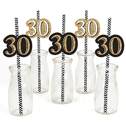 Adult 30th Birthday - Gold - Paper Straw Decor - Birthday Party Striped Decorative Straws - Set of 24