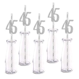 silver happy 45th birthday straw decor, silver glitter 24pcs cut-out number 45 party drinking decorative straws, supplies