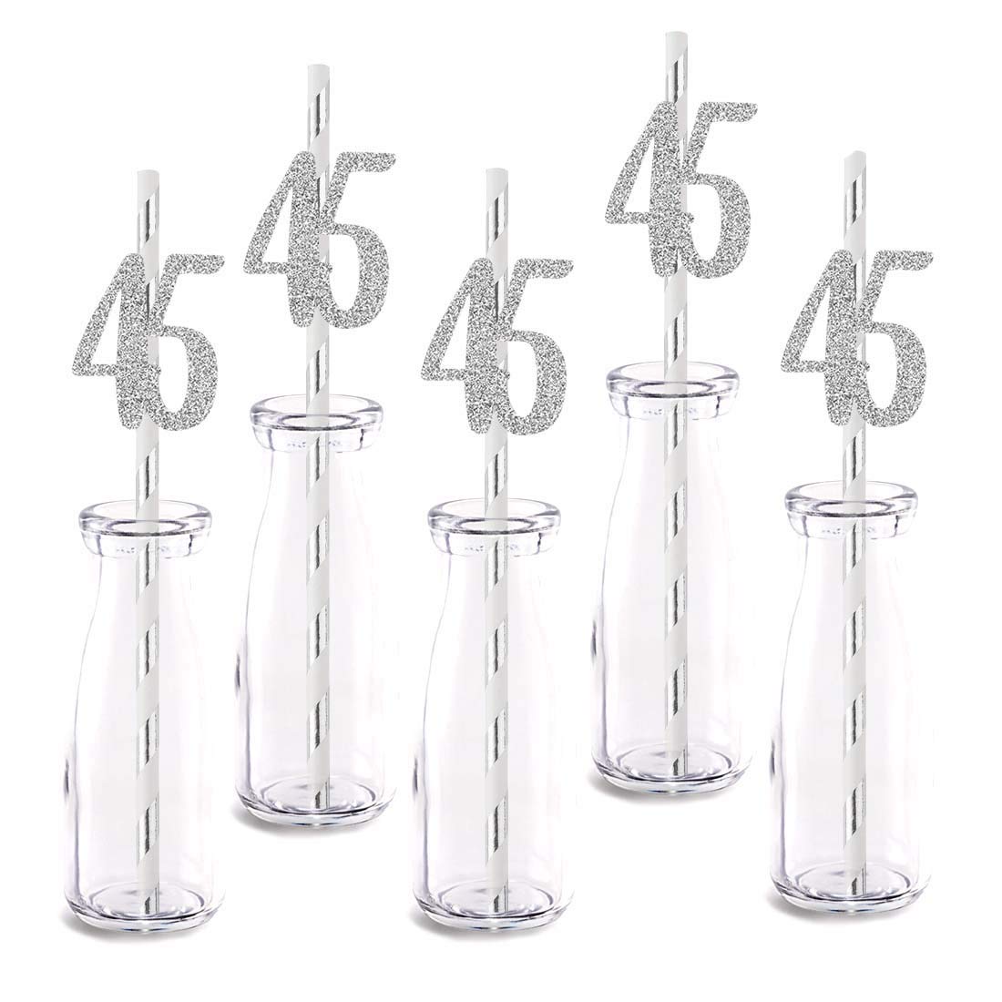 Silver Happy 45th Birthday Straw Decor, Silver Glitter 24pcs Cut-Out Number 45 Party Drinking Decorative Straws, Supplies