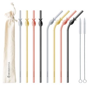 homestia reusable metal straws with pineapple top 10.5" stainless steel straws-8pcs drinking straws for 20 & 30 oz tumbler-4 straight+4 bent+2 cleaning brushes+1 pouch