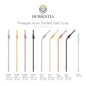 Homestia Reusable Metal Straws with Pineapple Top 10.5" Stainless Steel Straws-8Pcs Drinking Straws for 20 & 30 oz Tumbler-4 Straight+4 Bent+2 Cleaning Brushes+1 Pouch